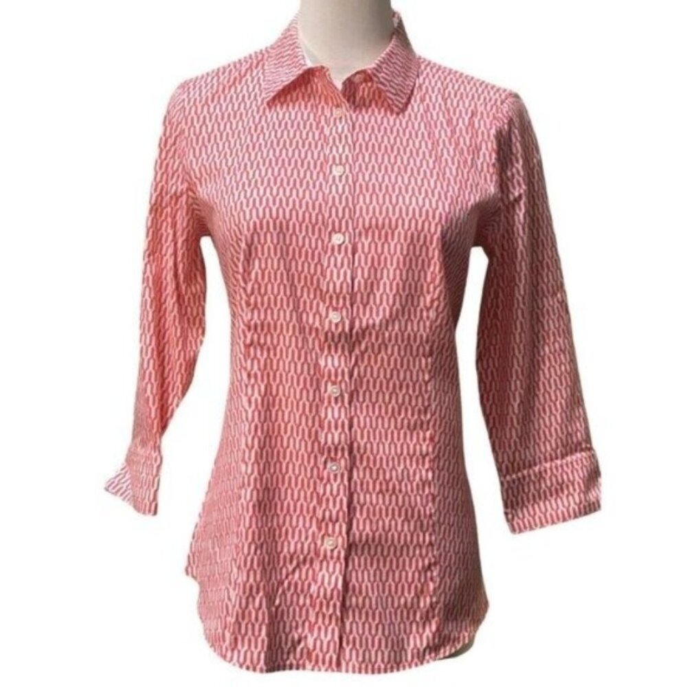 Talbots 3/4 Sleeve Spread Collar Cotton Blend Coral Red Blouse 6/P